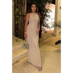 NBD Embellished Metallic Beaded Crewneck Maxi Dress Beige Women's Size Medium